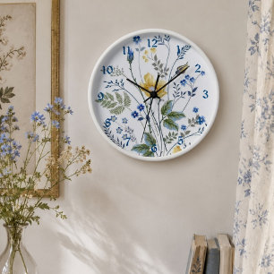 Blaue & Gelbe Wildblumen-Botanische Florale Cottag Uhr