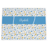 Blaue Gelbe Wildblumen-Wasserfarbe-Monogramm-Name Große Geschenktüte (Vorderseite)
