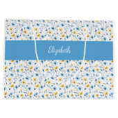 Blaue Gelbe Wildblumen-Wasserfarbe-Monogramm-Name Große Geschenktüte (Rückseite)