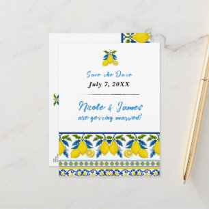 Blaue Gelbe Zitrone Aquarell Mittelmeer-Hochzeit Ankündigungspostkarte
