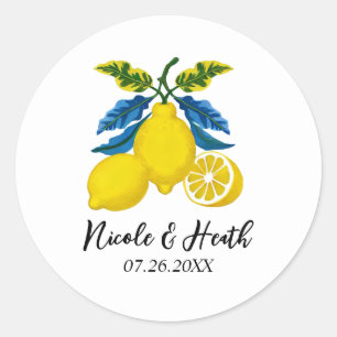 Blaue Gelbe Zitrone Aquarell Mittelmeer-Hochzeit Runder Aufkleber
