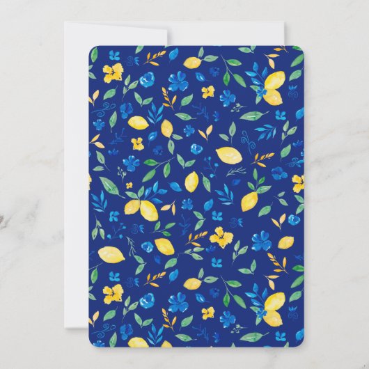 Blaue gelbe Zitronen Blütenfarbe Babydusche Einladung (Rückseite)