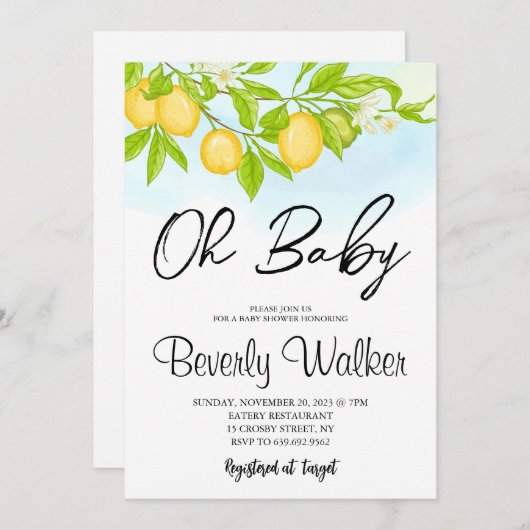 Blaue gelbe Zitronen Blütenfarbe Babydusche Einladung (Vorne/Hinten)