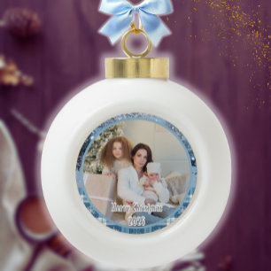Blaue gemütliche Karo-Schnee-Winter-Foto Keramik Kugel-Ornament
