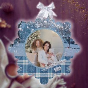 Blaue gemütliche Karo-Schnee-Winter-Foto-Weihnacht Ornament Karte