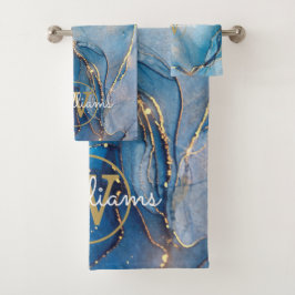 Blaue Geode Achat Gold Monogramm Badhandtuch Set