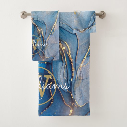 Blaue Geode Achat Gold Monogramm Badhandtuch Set (Insitu)