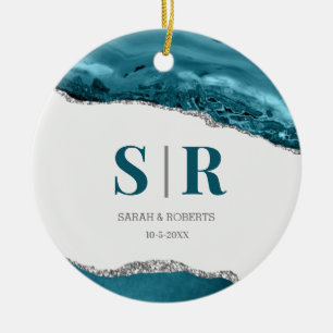 Blaue Geode-Achat-Paar-Monogramm-Weihnachten Keramik Ornament