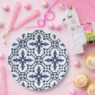Blaue geometrische dekorative marokkanische Fliese Pappteller