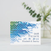 Blaue geometrische Dreiecke Hochzeit Sichern Sie d Ankündigungspostkarte (Stehend Vorderseite)