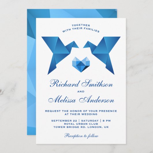 Blaue geometrische Herkunft Vögel Hochzeitseinladu Einladung (Vorne/Hinten)