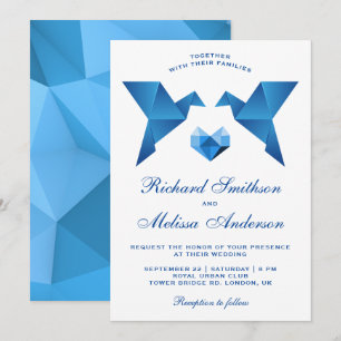 Blaue geometrische Origami-Vögel Hochzeitseinladun Einladung