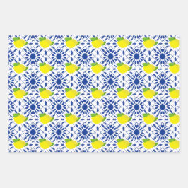 Blaue geometrische Zitronenfliese Geschenkpapier Set
