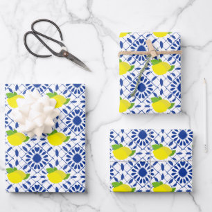 Blaue geometrische Zitronenfliese Geschenkpapier Set