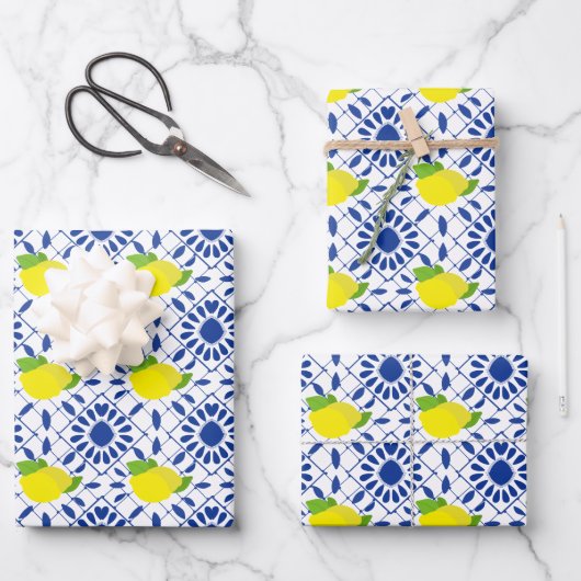 Blaue geometrische Zitronenfliese Geschenkpapier Set (Vorderseite)