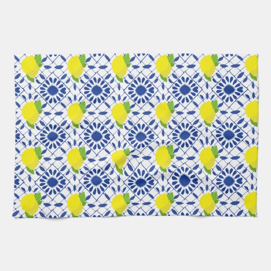Blaue geometrische Zitronenfliese Geschirrtuch (Horizontal)