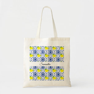 Blaue geometrische Zitronenfliese Tragetasche