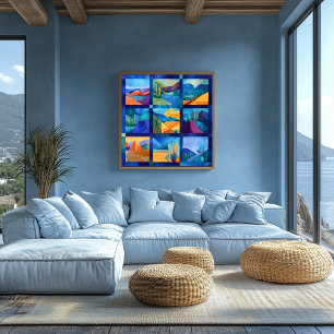 Blaue gerahmte Wüsten-Kunstgitter – Farbige Geomet Poster