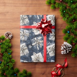 Blaue Geschenkbögen Silberne Schneeflocken Weihnac Geschenkpapier