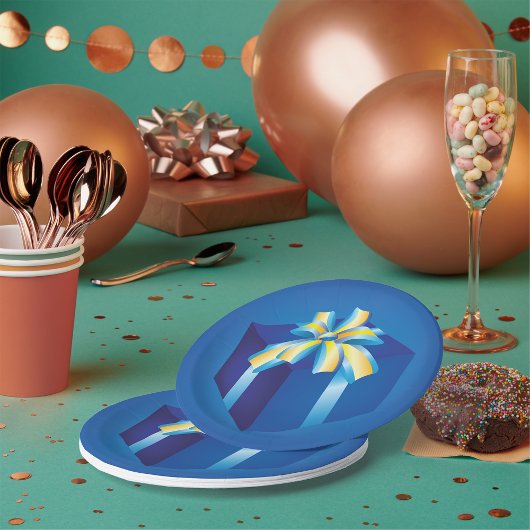 Blaue Geschenkboxen mit Gelb und Aqua Ribbon Pappteller