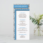 Blaue gesteppte Damask Hochzeitsmenü des Empfangs Menükarte (Stehend Vorderseite)