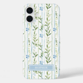 Blaue gestreifte Blumen personalisiert iPhone 16 Plus Hülle