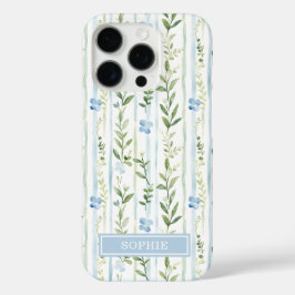 Blaue gestreifte Blumen personalisiert iPhone 16 Pro Hülle