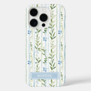 Blaue gestreifte Blumen personalisiert iPhone 16 Pro Hülle