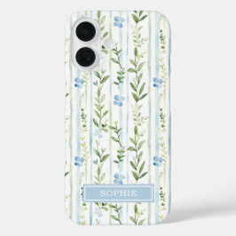 Blaue gestreifte Blumen personalisiert iPhone 16 Hülle