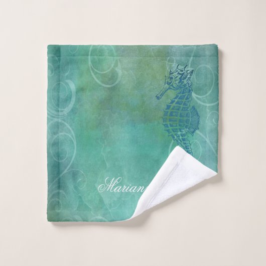 Blaue Gewässer, Seepferd und Blüh Badhandtuch Set (Waschlappen)