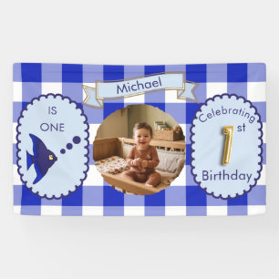 Blaue Gingham 1. Geburtstags-Photo-Fisch-Party Banner