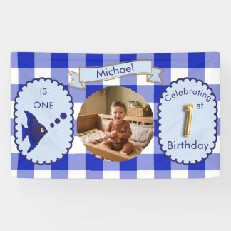 Blaue Gingham 1. Geburtstags-Photo-Fisch-Party  Banner