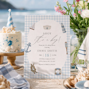 Blaue Gingham-Ahoy-Junge-Baby-Party Nautilus Einladung