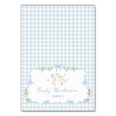 Blaue Gingham-Alberne-Gans-Tischplatzkarten Tischnummer (Vorderseite)