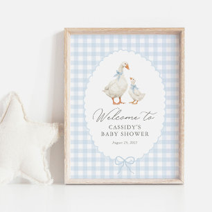 Blaue Gingham-Alberner-Gans-Baby-Shower-Willkommen Poster