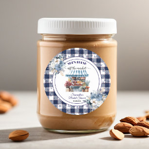 Blaue Gingham Außer Handel Florale Brautparty Runder Aufkleber