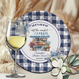 Blaue Gingham Außer Handel Florale Hochzeitsdusche Pappteller