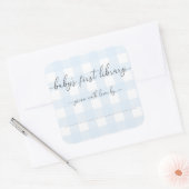 Blaue Gingham-Baby-Bibliotheks-Exlibris Quadratischer Aufkleber (Umschlag)