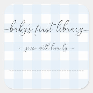 Blaue Gingham-Baby-Bibliotheks-Exlibris Quadratischer Aufkleber