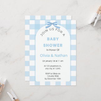 Blaue Gingham-Baby-Einladung, Blaues Baby Boy Einladung