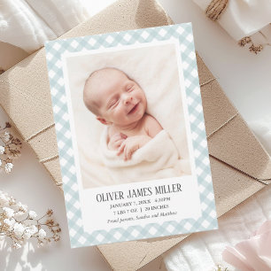 Blaue Gingham-Baby-Geburtsanzeige Fotokarte Ankündigung