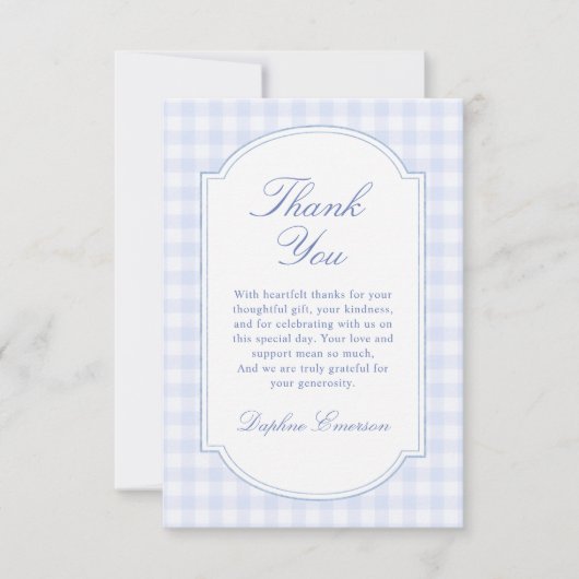 Blaue Gingham-Baby-Party Dankeskarte (Vorderseite)