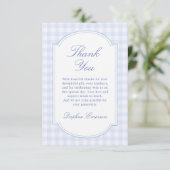 Blaue Gingham-Baby-Party Dankeskarte (Stehend Vorderseite)