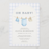 Blaue Gingham-Baby-Party Einladung (Vorderseite)