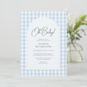 Blaue Gingham-Baby-Party Einladung (Stehend Vorderseite)