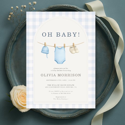 Blaue Gingham-Baby-Party Einladung