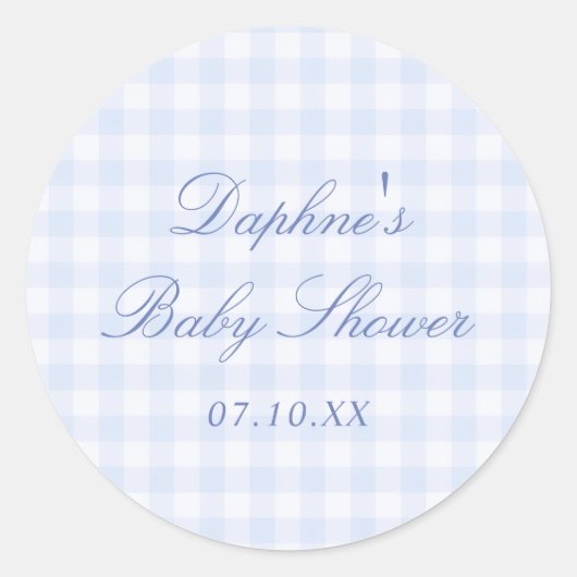 Blaue Gingham-Baby-Party Runder Aufkleber (Vorderseite)