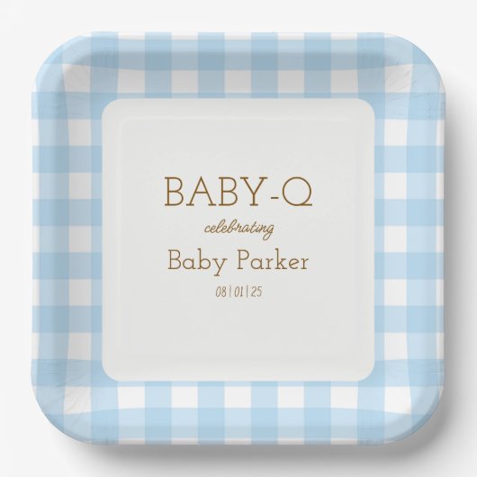 Blaue Gingham Baby-Q Quadratplatte 2 Pappteller (Vorderseite)