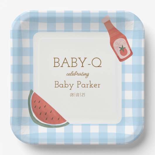 Blaue Gingham Baby-Q Quadratplatte Pappteller (Vorderseite)