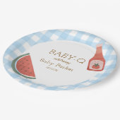 Blaue Gingham Baby-Q Runde Platte Pappteller (Schrägansicht)